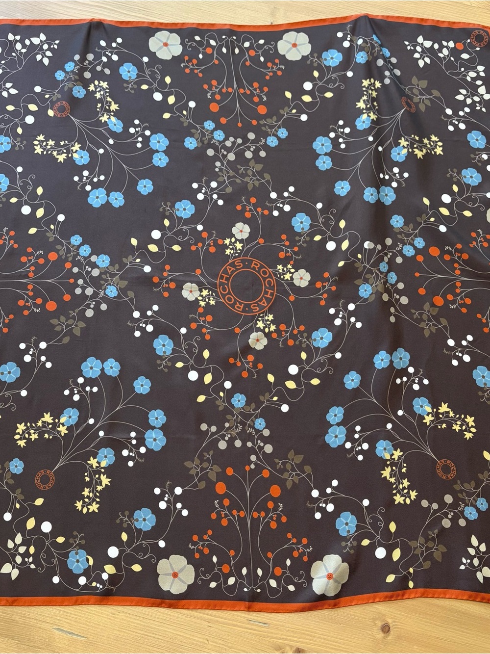 Rochas Brown Floral Silk Scarf with Blue, Orange, Yellow Accents